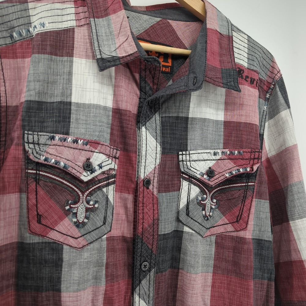 Rock Revival Western Shirt Mens Large Red Plaid Embroidered Designer Button Up - Picture 5 of 9